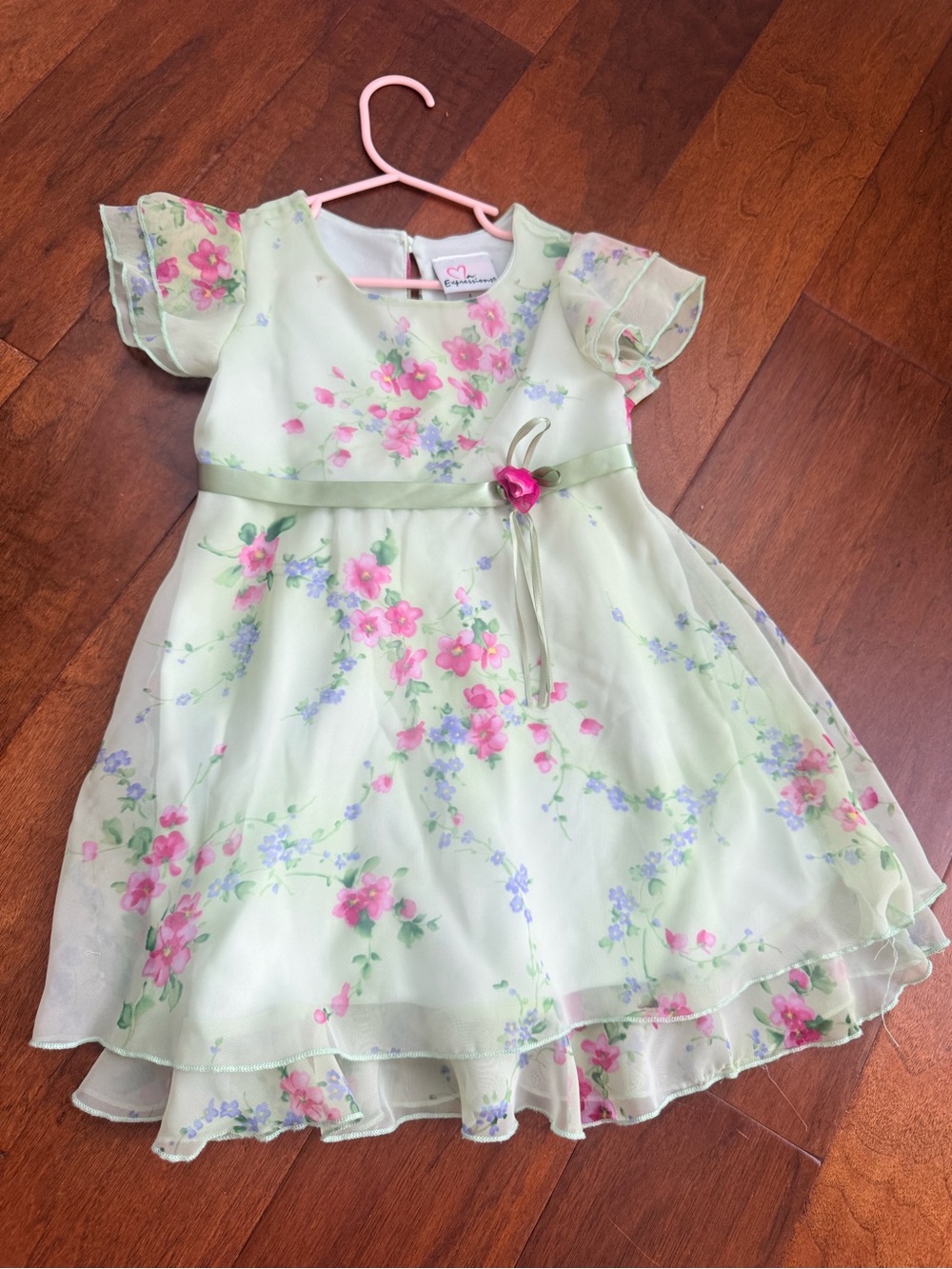 Vintage Hartstrings Pink Floral on Light Green Chiffon Party Dress